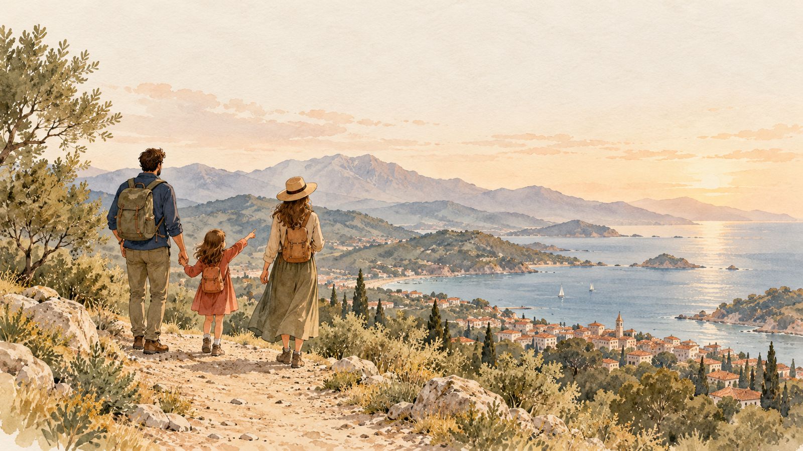 Illustration: a father, a mother and a small girl seen from behind on a hilltop path, looking out over the sea and distant mountains.