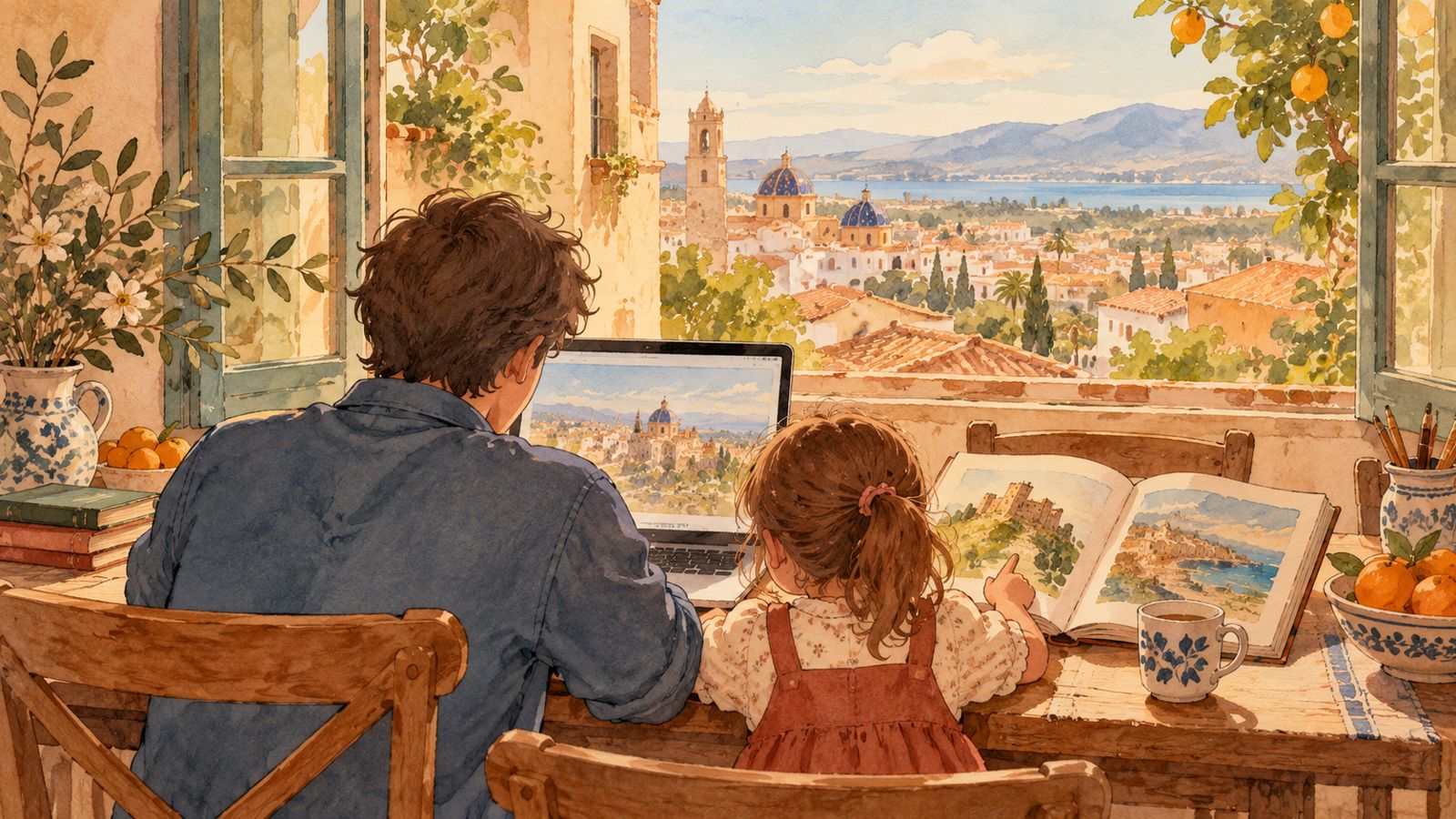 Illustration: a parent and a small girl, seen from behind, looking at a laptop and a picture book by a sunny window.